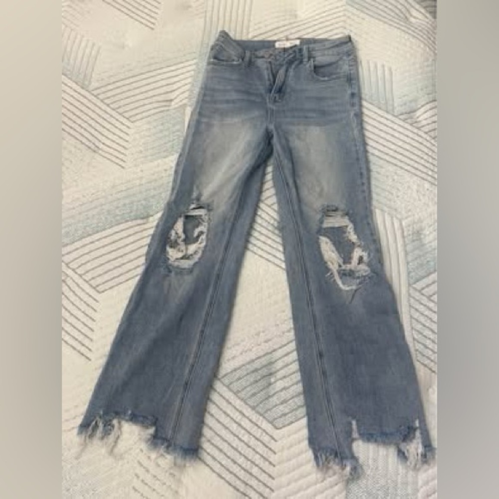 Trendy Light Blue Distressed Flare Jeans